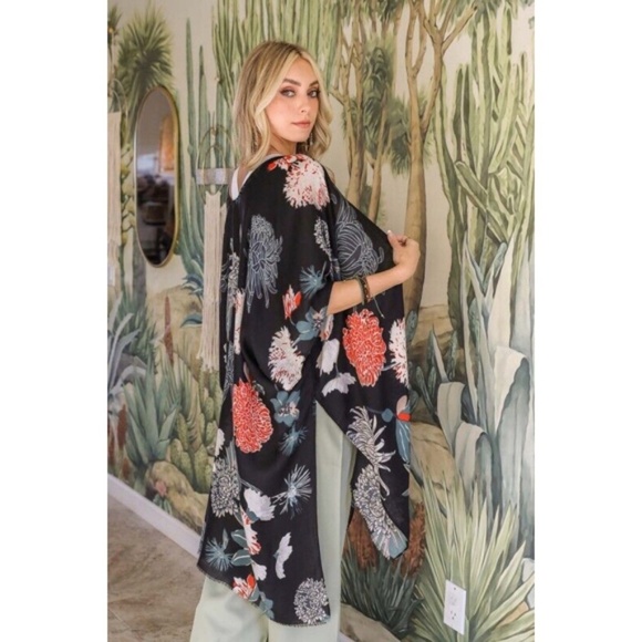 Black Floral Flower Print Motif Kimono Wrap Coverup Open Top Casual - Picture 2 of 3